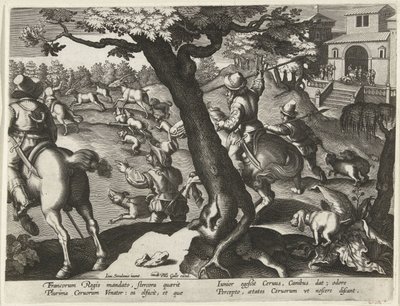 Hertenjacht met honden Jachttaferelen (serietittel) Jakten på vilt, fugl og fisk i Bestiary (serietittel) av Jan Collaert (II) (attributed to)