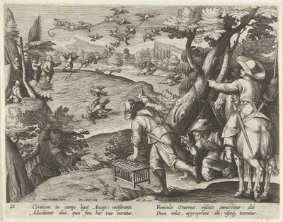 Jacht op kraaien en spreeuwen Jachttaferelen (serietittel) Jakten på vilt, fugl og fisk i Bestiary (serietittel) av Jan Collaert (II)