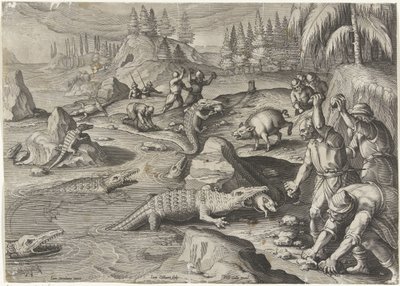 Krokodillenvangst Jachttaferelen (serietittel) Jakten på vilt, fugl og fisk i Bestiary (serietittel) av Jan Collaert (II)