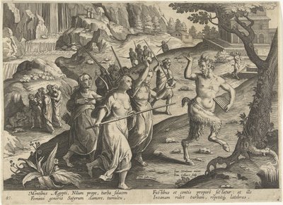 Vrouwen verjagen een sater Jachttaferelen (serietittel) Jakten på vilt, fugl og fisk i Bestiary (serietittel) av Jan Collaert (II)