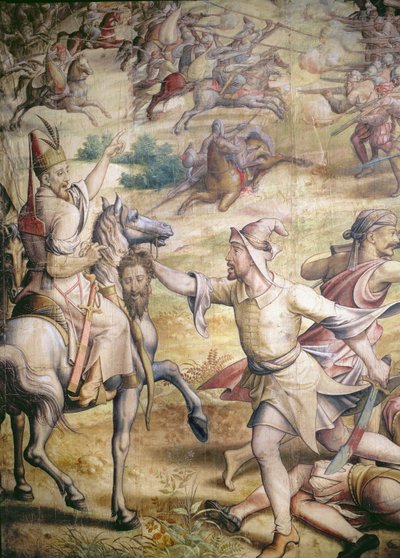 Kampanje av keiser Charles V 1500-58 mot tyrkerne i Tunis i 1535: fangen av Goletta, detalj av en fotsoldat som holder et kroppsløst hode, tegneserie for et veggteppekull og wc på papir av Jan Cornelisz Vermeyen
