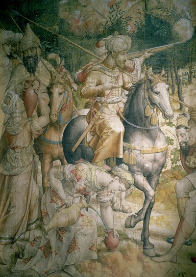 Kampanje av keiser Karl V mot tyrkerne i Tunis i 1535: tyrkernes nederlag i slaget ved Goletta, detalj av kavalerister som slukker tørsten, tegneserie etter et kull og wc av Jan Cornelisz Vermeyen