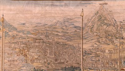 flamsk billedvev. Serien Erobringen av Tunis; Gjennomgang av troppene i Barcelona (La revista de las tropas en Barcelona). Andre billedvev i serien. Modell Jan Vermeyen og Pieter Coecke van Aelst. 1543-1548. Produksjon Real Fábrica de Tapices de Sant av Jan Cornelisz Vermeyen