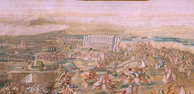 flamsk billedvev. Serien Erobringen av Tunis. Angrepet på La Goleta (Ataque a la Goleta). Fjerde billedvev i serien. Modell Jan Vermeyen og Pieter Coecke van Aelst. 1543-1548. Produksjon Real Fábrica de Tapices de Santa Bárbara, Madrid av Jan Cornelisz Vermeyen