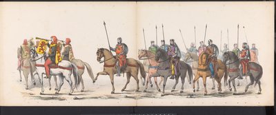 Maskerade av Leiden-studentene, 1865 (plate 1) Kostymert prosesjon holdt av medlemmene av Leiden studentkorps 6. juni 1865, for å feire 290-årsjubileet for Leidsche Hoogeschool, som viser: nederlendernes inntreden i av Jan Daniël Cornelis Carel Willem baron de Constant Rebecque