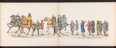 Maskerade av Leiden-studentene, 1865 (plate 10) Kostymert prosesjon holdt av medlemmene av Leiden studentkorps 6. juni 1865, for å feire 290-årsjubileet for Leidsche Hoogeschool, som viser: nederlendernes inntreden b. av Jan Daniël Cornelis Carel Willem baron de Constant Rebecque