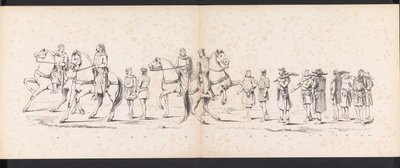 Maskerade av Leiden-studentene, 1865 (plate 10) Utkledd prosesjon holdt av medlemmene av Leiden studentkorps 6. juni 1865, for å feire 290-årsjubileet for Leidsche Hoogeschool, som viser: nederlendernes inntreden b. av Jan Daniël Cornelis Carel Willem baron de Constant Rebecque
