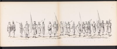 Maskerade av Leiden-studentene, 1865 (plate 13) Utkledd prosesjon holdt av medlemmene av Leiden studentkorps 6. juni 1865, for å feire 290-årsjubileet for Leidsche Hoogeschool, som viser: nederlendernes inntreden b. av Jan Daniël Cornelis Carel Willem baron de Constant Rebecque