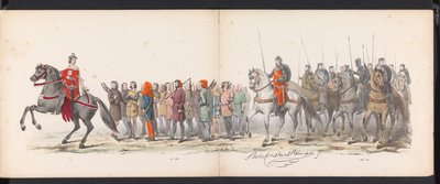 Maskerade av Leiden-studentene, 1865 (plate 15) Utkledd prosesjon holdt av medlemmene av Leiden studentkorps 6. juni 1865, for å feire 290-årsjubileet for Leidsche Hoogeschool, som viser: nederlendernes inntreden b. av Jan Daniël Cornelis Carel Willem baron de Constant Rebecque