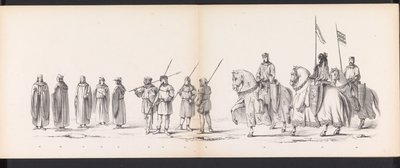 Maskerade av Leiden-studentene, 1865 (plate 3) Kostymert prosesjon holdt av medlemmene av Leiden studentkorps den 6. juni 1865, for å feire 290-årsjubileet for Leidsche Hoogeschool, som viser: nederlendernes inntreden i av Jan Daniël Cornelis Carel Willem baron de Constant Rebecque