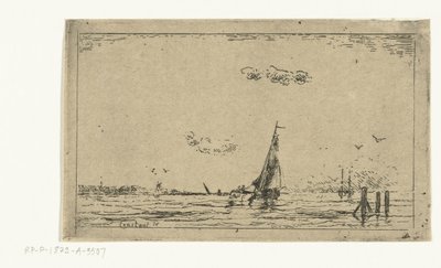 Elveutsikt med seilskute av Jan Daniël Cornelis Carel Willem baron de Constant Rebecque