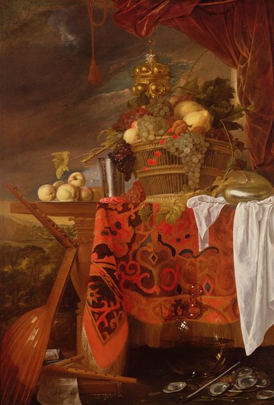 En kurv med blandet frukt med forgylt kopp, sølvbeger, Nautilus, glass og fersken på en tallerken av Jan Davidsz de Heem