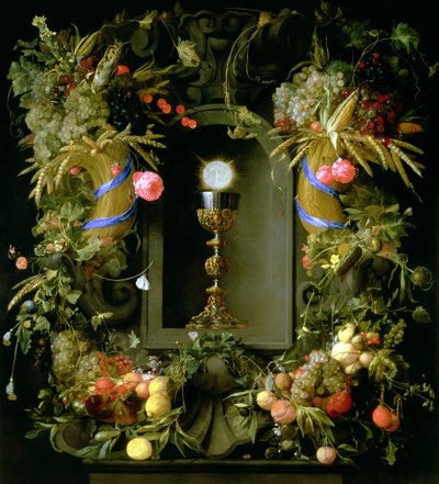 Nattverdsbeger og vert, omkranset av en krans av frukt av Jan Davidsz de Heem