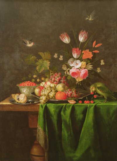 Stilleben av frukt og blomster med en papegøye på et bord dekket med en grønn klut (se 100412 for detaljer) av Jan Davidsz de Heem