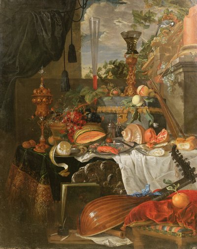 Stilleben av mat og musikkinstrumenter av Jan Davidsz de Heem