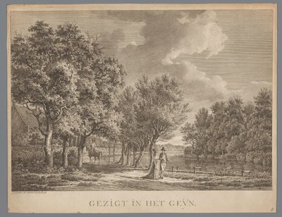 Landskap med et par som går langs bredden av Gein Gezigt in het Geÿn (tittel på objekt) av Jan Evert Grave