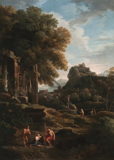 Et klassisk landskap med figurer i forgrunnen, ruiner til venstre og en figur i midten som ofrer (olje på lerret) av Jan Frans van Bloemen