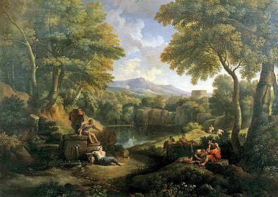 Landskap med figurer ved en brønn (olje på lerret) av Jan Frans van Bloemen