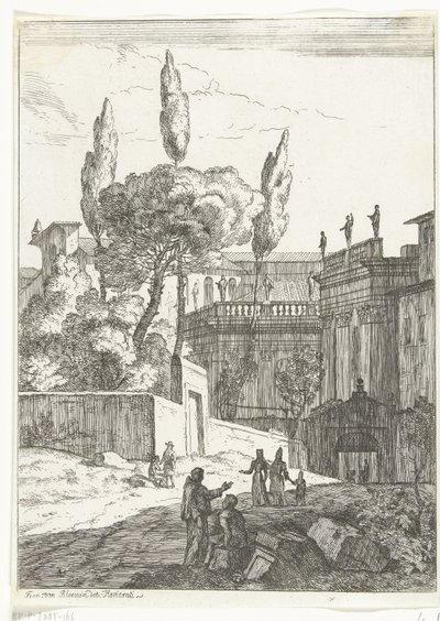 Italiensk landskap med antikke bygninger og figurer av Jan Frans van Bloemen