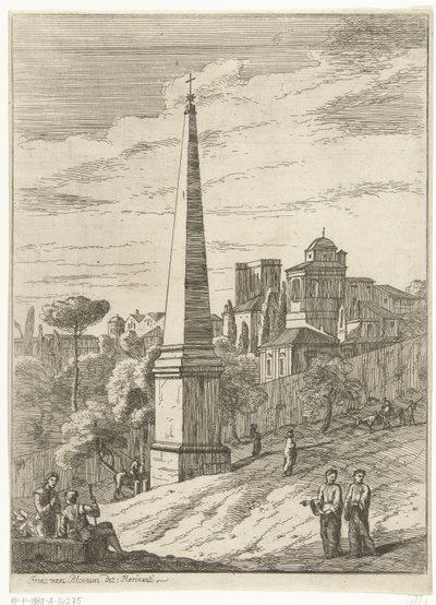 Italiensk landskap med en obelisk og utsikt over byen av Jan Frans van Bloemen