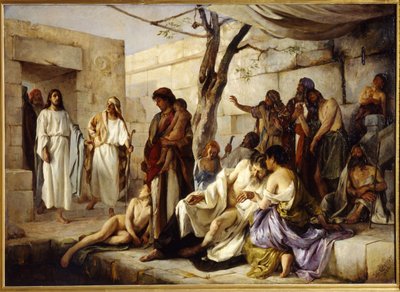 Miraklet ved bassenget i Bethesda. Ligger på veien fra Beth Zeta (Israel) til Jerusalem, nærmer Jesus Kristus seg bassenget der de lammede samles og helbreder mirakuløst en syk person. Maleri av Jan av Jan Franzevich Cloginsky