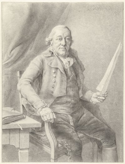 Portrett av Reinier Vinkeles I, sittende i en stol med et papirark i hånden av Jan Gerard Waldorp