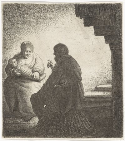 Familie sitter ved en spiraltrapp av Jan Gillisz. van Vliet