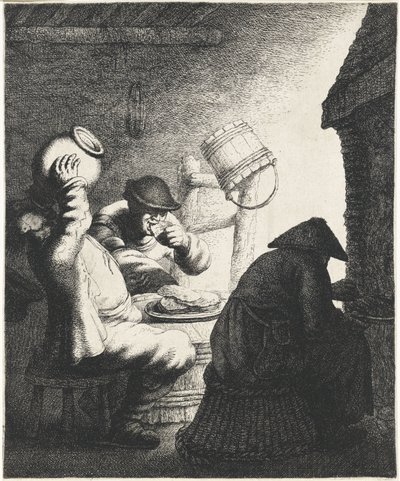 Figurer spiser pannekaker i et interiør Smak De fem sansene (serietittel) av Jan Gillisz. van Vliet