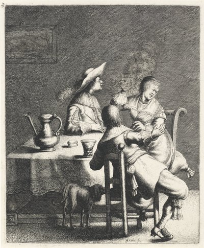 Røyker blåser røyk mot en kvinne Lukt The Five Senses (serietittel) av Jan Gillisz. van Vliet