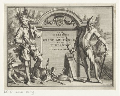 Twee jagers for arkitektoniske omgivelser Tittelside for: James Beeverell, The delights of Great Britain and Ireland, bind syv, 1707 av Jan Goeree (possibly)