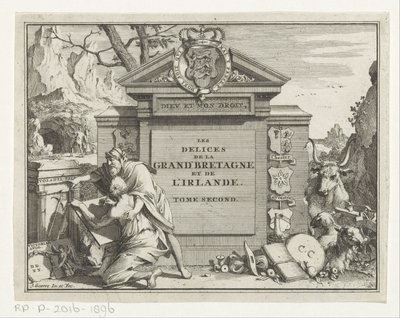Mann peker å trekke ung mann til en ruin Tittelside for: James Beeverell, Les delices de la Grand