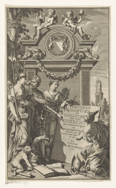 Rettferdighet lærer lovene til Utrecht Costumen Usantien en Policien der stad Utrecht (tittel på objekt) Tittelside for Willem Van der Meulen, Costumen, usantien, policien ende style of litigation, der stadt Utrecht, 1709 av Jan Goeree