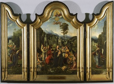 Triptych Den hellige familie med Saint Catherine og Saint Barbara, ca. 1505 av Jan Gossaert