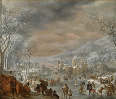 Vinterlandskap med skatere, kirke og landsby langs bredden av en elv av Jan Griffier