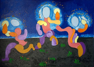 I de varme nettene i juni feirer troglodyttene Fire, 2009 (olje på lerret) av Jan Groneberg