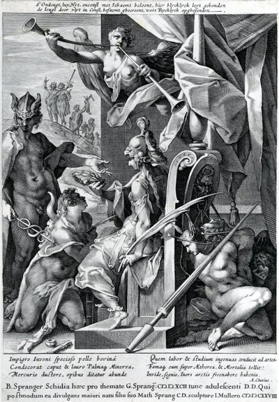 Mercury og Minerva bevæpner en helt med et okseskinn og en laurbærkrans, 1604 av Jan Harmensz Muller