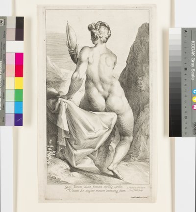Prudence ser på seg selv i et speil (gravering) av Jan Harmensz Muller