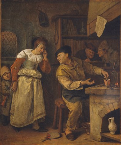En gullsmed som smelter ned en kvinnes smykker i nærvær av en notarius: Alkymisten, ca. 1668-70 (olje på lerret) av Jan Havicksz. Steen