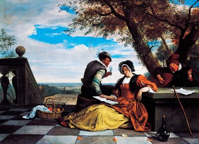 To menn og ung kvinne lager musikk på terrassen av Jan Havicksz. Steen