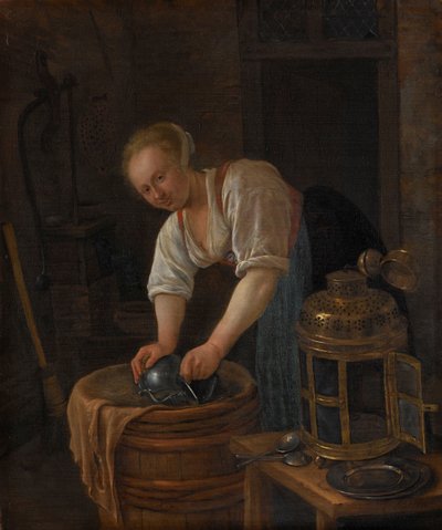 Kvinne som skurer metallvarer av Jan Havicksz. Steen