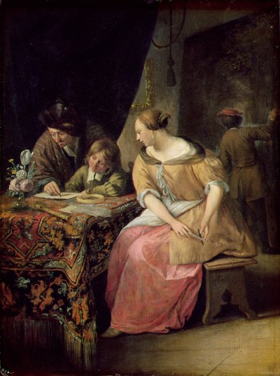 Interiør med en maler og hans familie, ca. 1670 (panel) av Jan Havickszoon Steen