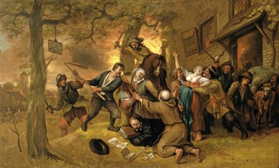 Bønder og soldater utenfor en taverna - en allegori om voldtekten i Nederland av Jan Havickszoon Steen