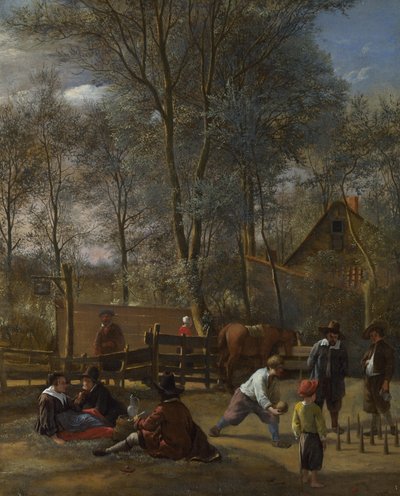 Skittle-spillere utenfor et vertshus, ca. 1660-63 av Jan Havickszoon Steen