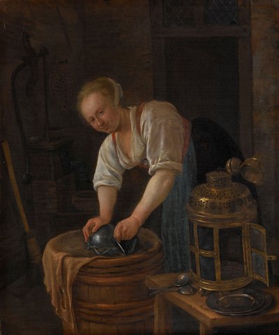 Kvinne som skurer metallvarer, 1650-60 av Jan Havickszoon Steen
