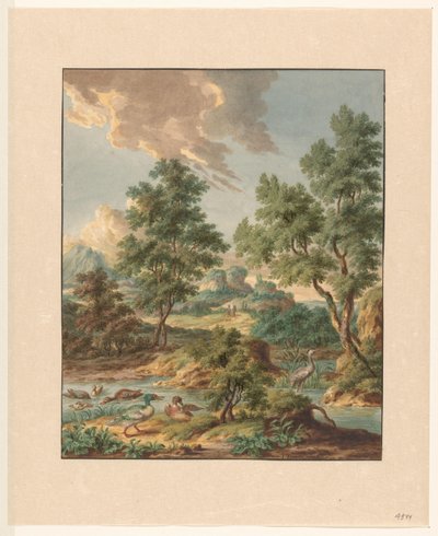 Landskap med vannfugler i et basseng av Jan Hendrik Troost van Groenendoelen