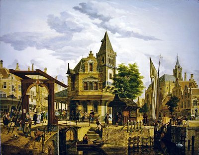 En nederlandsk gatescene langs en kanal av Jan Hendrik Verheyen
