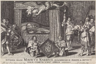Paradebed van Prins Maurits, 1625 Skulpturer av den store Maurice Nassouii, prinsen av Arausion, etc. av avdøde Hague-Comitis XXIII april 1825 (tittel på objekt) av Jan Hendriksz. Verstraelen