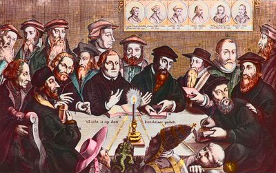 Lyset er plassert på lysestaken - Gravering av Jan HOUWENS som viser reformatorene - John Calvin og Martin Luther Imaginary Meeting of Reformist Leaders: John Wyclif (eller Wycliff eller Wycliffe av Jan Houwens