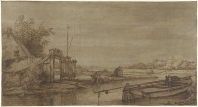 Seilutsikt med gård og liggende lekter av Jan Hulswit (possibly)