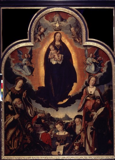 ""La Vierge en Gloire"" (The Glorification of the Virgin) Blant karakterene rundt Jomfruen og Jesus Kristus: Kong David som spiller harpe, den romerske keiseren Augustus (Caius Julius Caesar Octavianus Augustus) (63 f.Kr.-14 e.Kr.), profeter av Jan II Provost